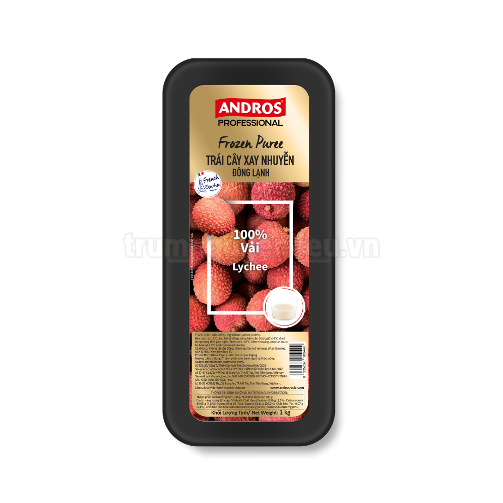 Vải xay nhuyễn đông lạnh Andros (Lychee Frozen Puree 100%) - hộp 1kg